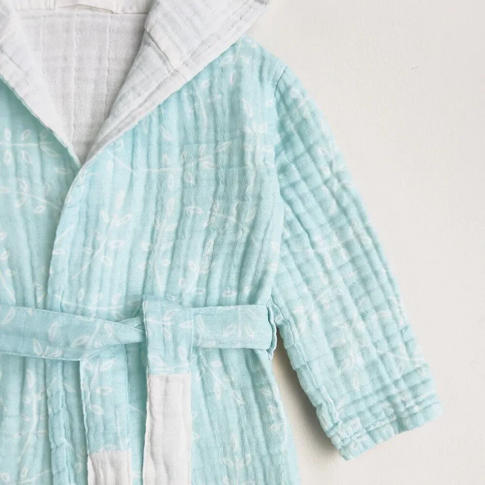 KIDS Organic Muslin Cotton Bathrobe - Reversible Blue Leaves